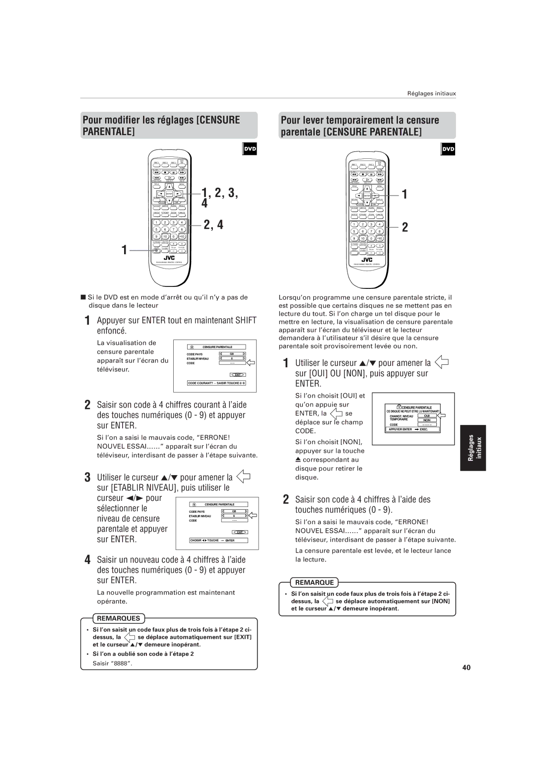 JVC XV-M555BK manual Pour modifier les réglages Censure Parentale, Utiliser le curseur 5/ pour amener la, Censure parentale 