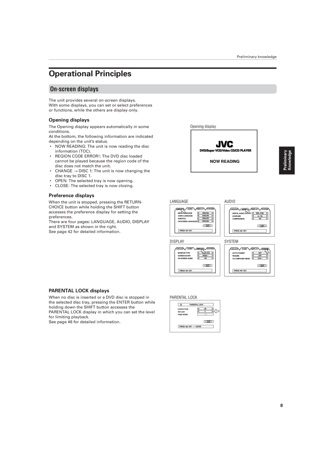 JVC XV-M556TN Operational Principles, On-screen displays, Opening displays, Preference displays, Parental Lock displays 