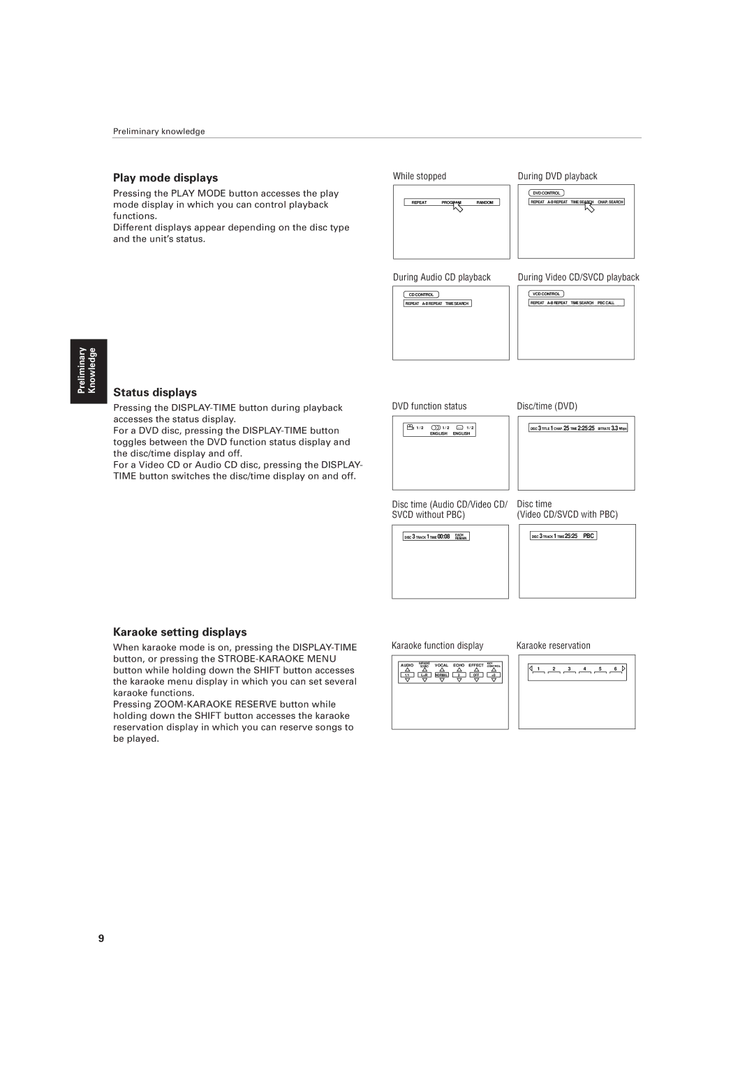 JVC XV-M557GD, XV-M556TN manual Play mode displays, Status displays, Karaoke setting displays 