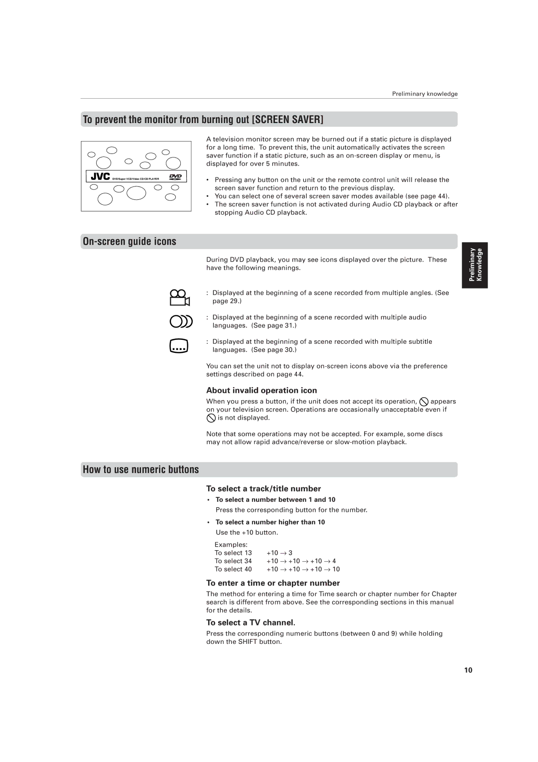 JVC XV-M556TN To prevent the monitor from burning out Screen Saver, On-screen guide icons, How to use numeric buttons 