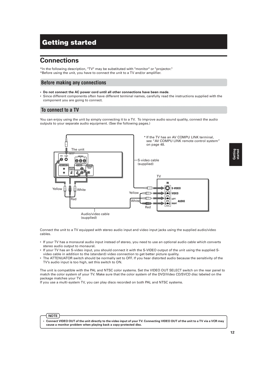 JVC XV-M556TN, XV-M557GD manual Getting started, Connections, Before making any connections, To connect to a TV 