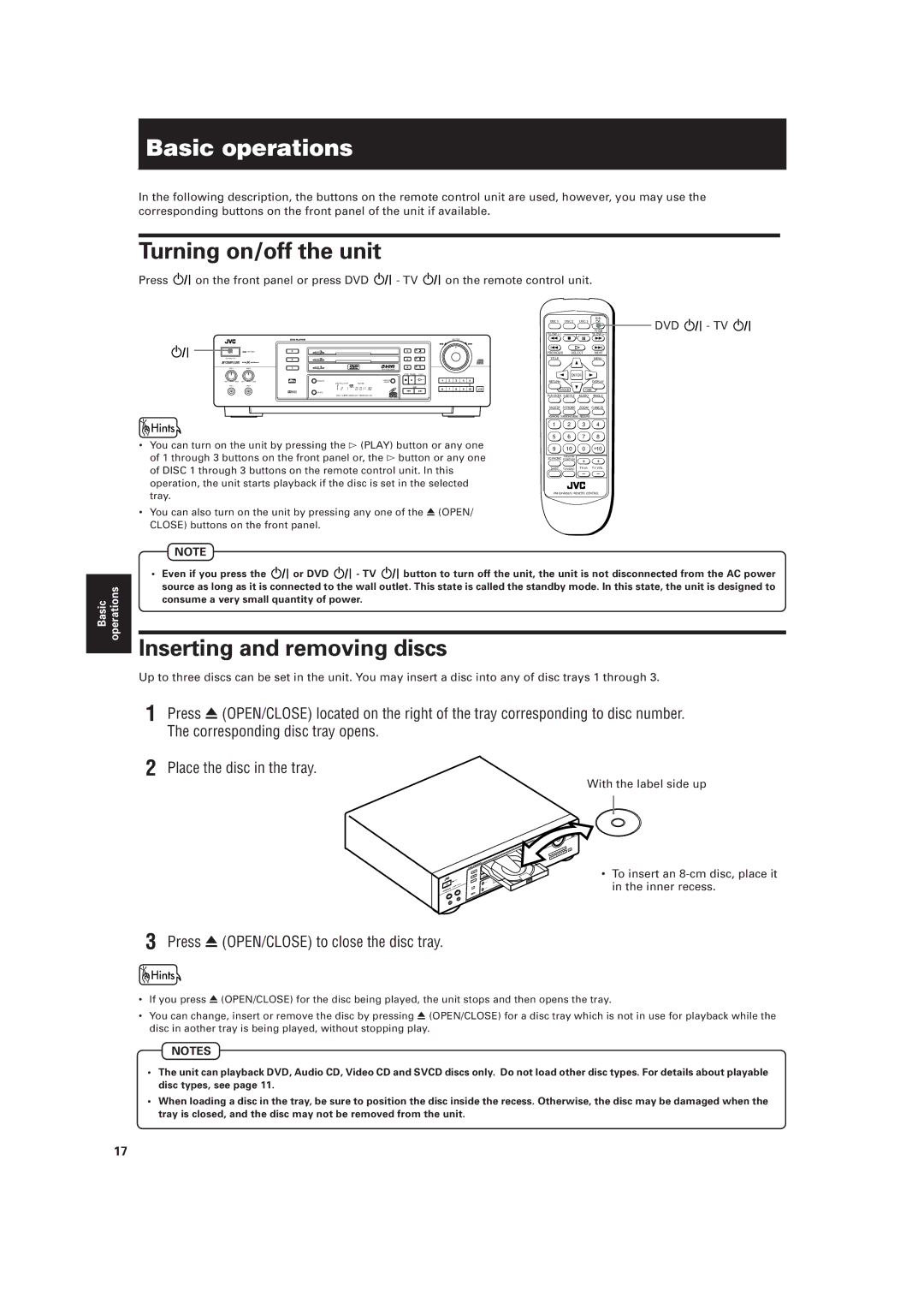 JVC XV-M557GD, XV-M556TN manual Basic operations, Turning on/off the unit, Inserting and removing discs 