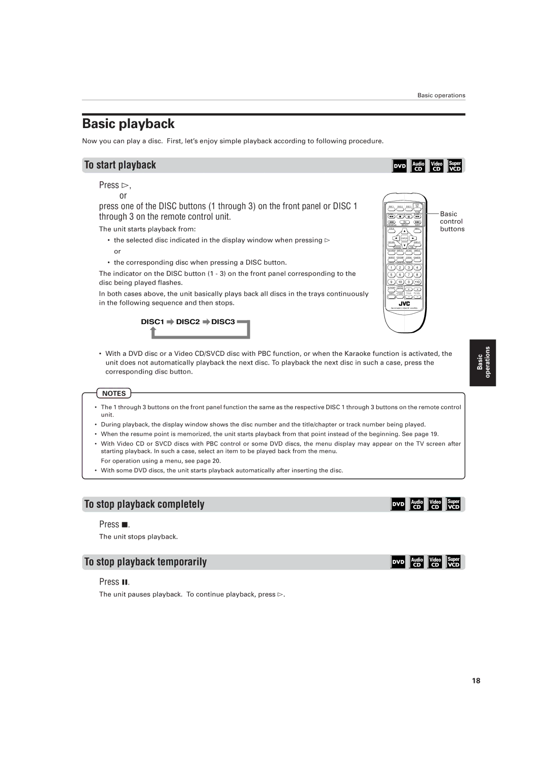 JVC XV-M556TN manual Basic playback, To start playback, To stop playback completely, To stop playback temporarily, Press 