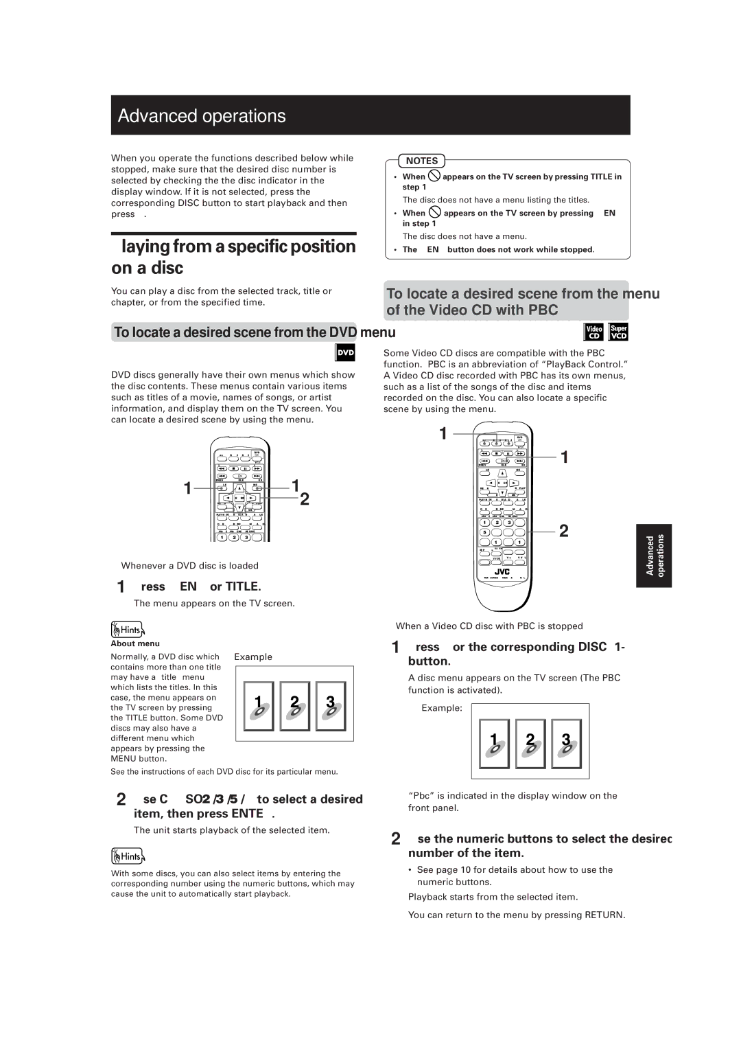 JVC XV-M556TN, XV-M557GD manual Advanced operations, Playing from a specific position on a disc, Press Menu or Title 