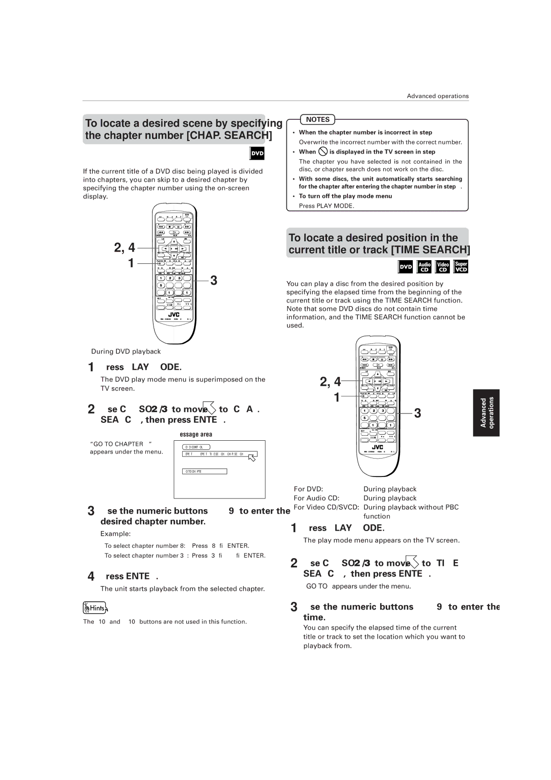 JVC XV-M556TN manual Press Play Mode, Press Enter, Use Cursor 2/ 3 to move, Use the numeric buttons 0 ~ 9 to enter the time 