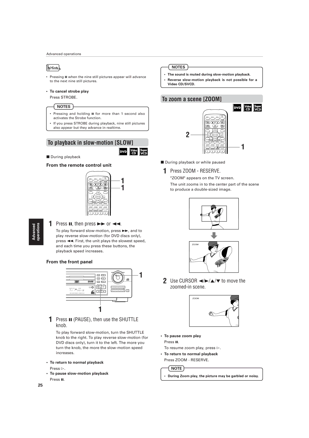 JVC XV-M557GD, XV-M556TN manual To playback in slow-motion Slow, To zoom a scene Zoom 