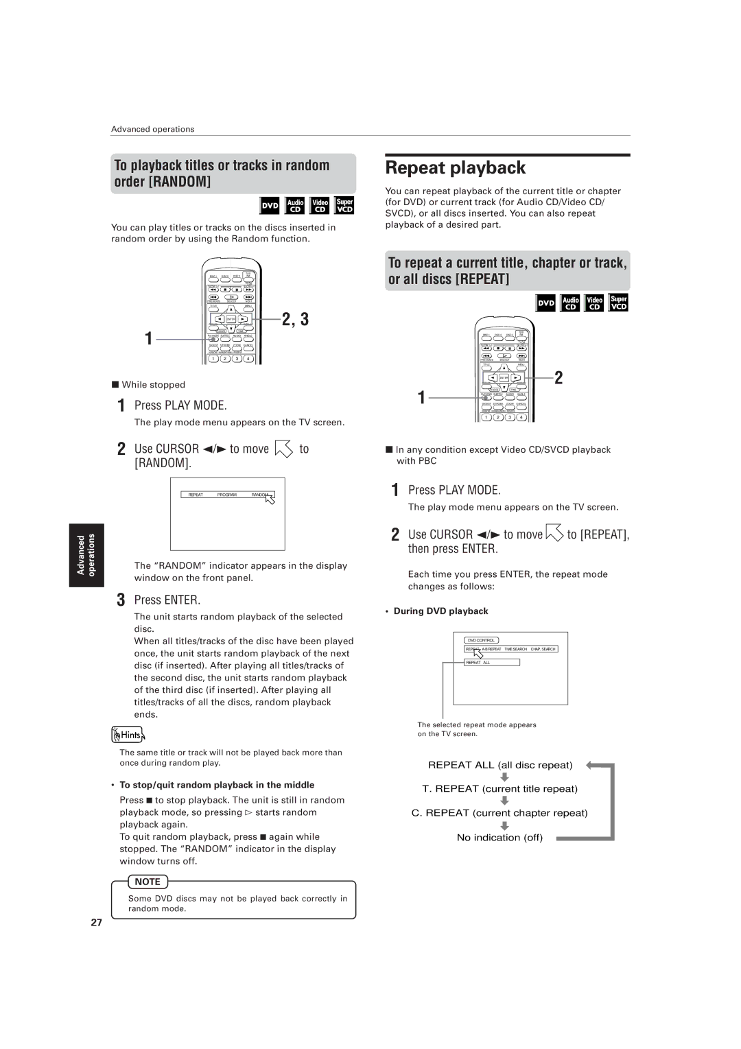 JVC XV-M557GD, XV-M556TN manual Repeat playback, To playback titles or tracks in random order Random, Use Cursor 2/ 3to move 