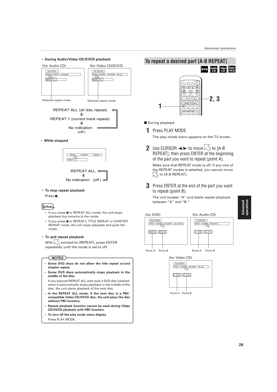 JVC XV-M556TN, XV-M557GD manual To repeat a desired part A-B Repeat, 7During playback, To quit repeat playback, For Video CD 