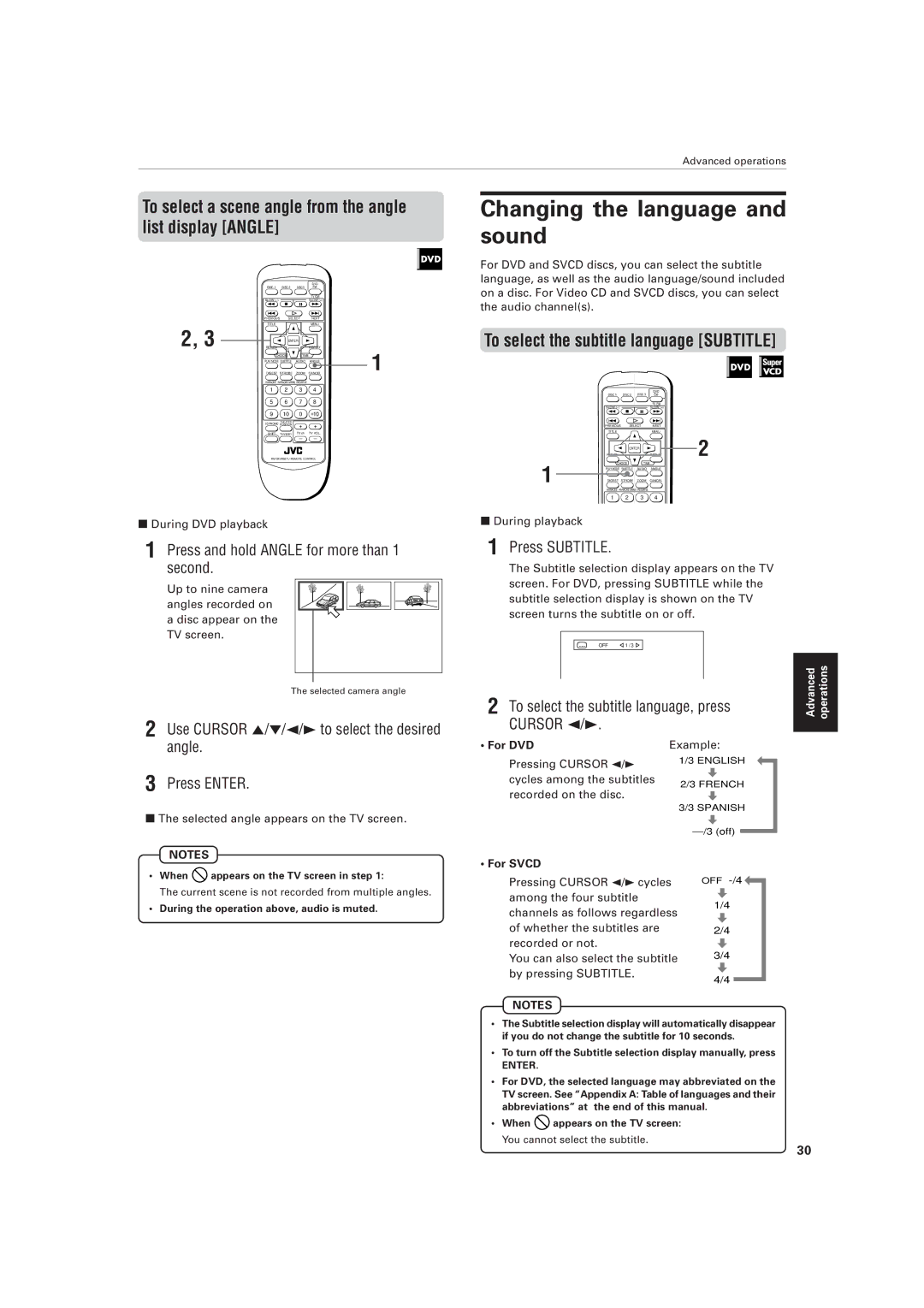 JVC XV-M556TN, XV-M557GD manual Changing the language and sound, To select a scene angle from the angle list display Angle 