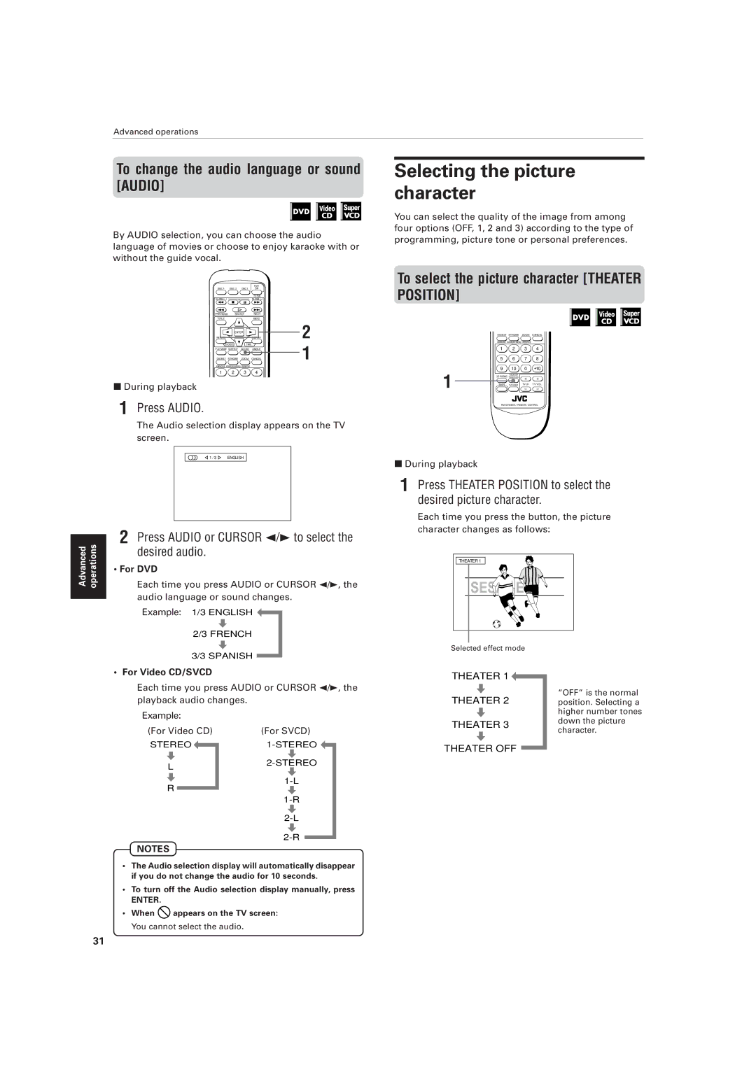 JVC XV-M557GD, XV-M556TN manual Selecting the picture character, To change the audio language or sound Audio, Press Audio 