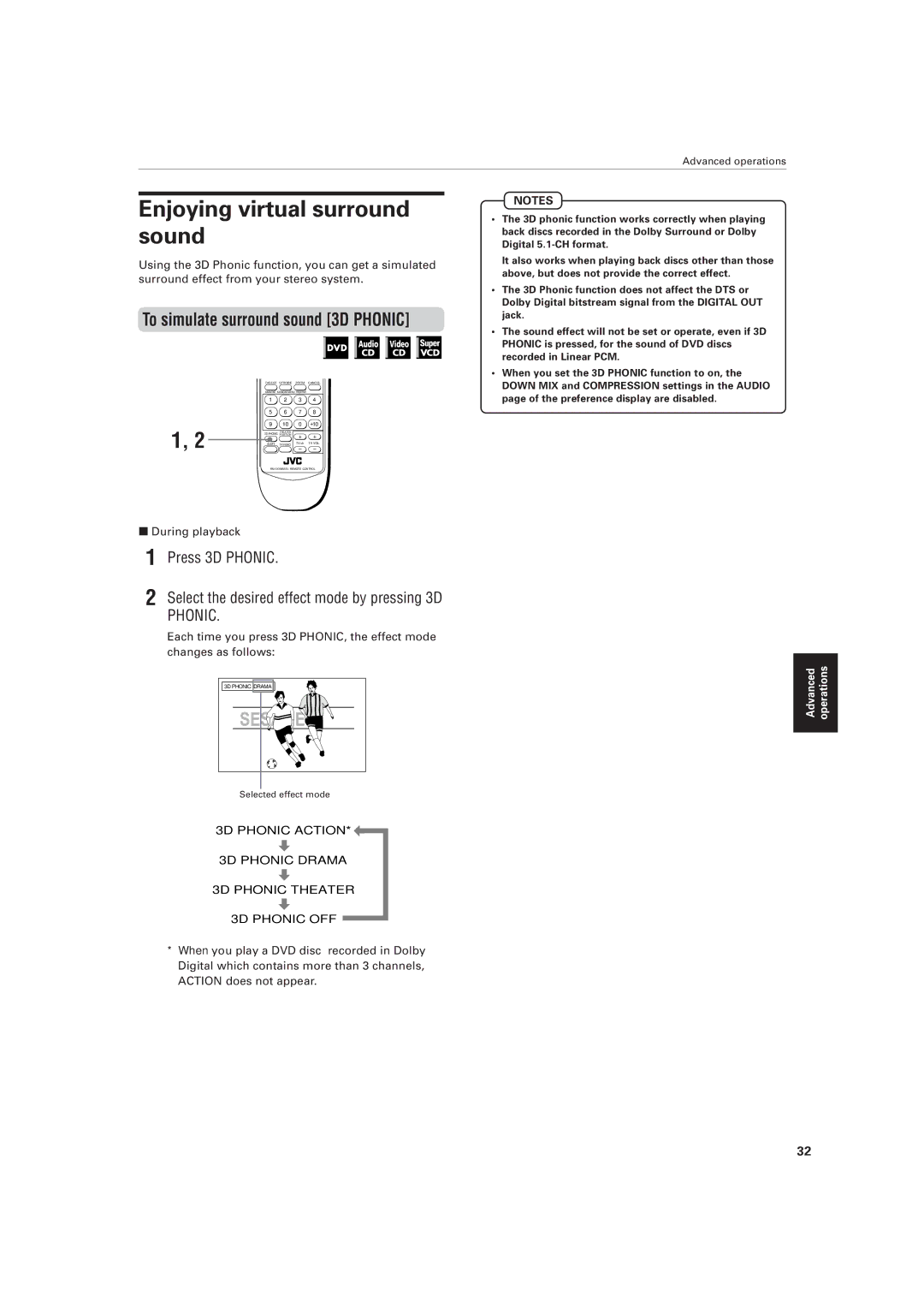 JVC XV-M556TN, XV-M557GD manual Enjoying virtual surround sound, To simulate surround sound 3D Phonic 