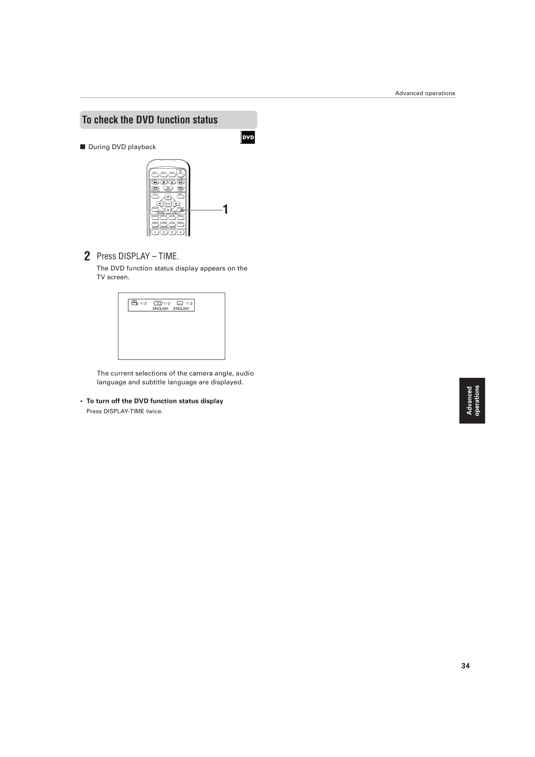 JVC XV-M556TN To check the DVD function status, Press Display Time, DVD function status display appears on the TV screen 