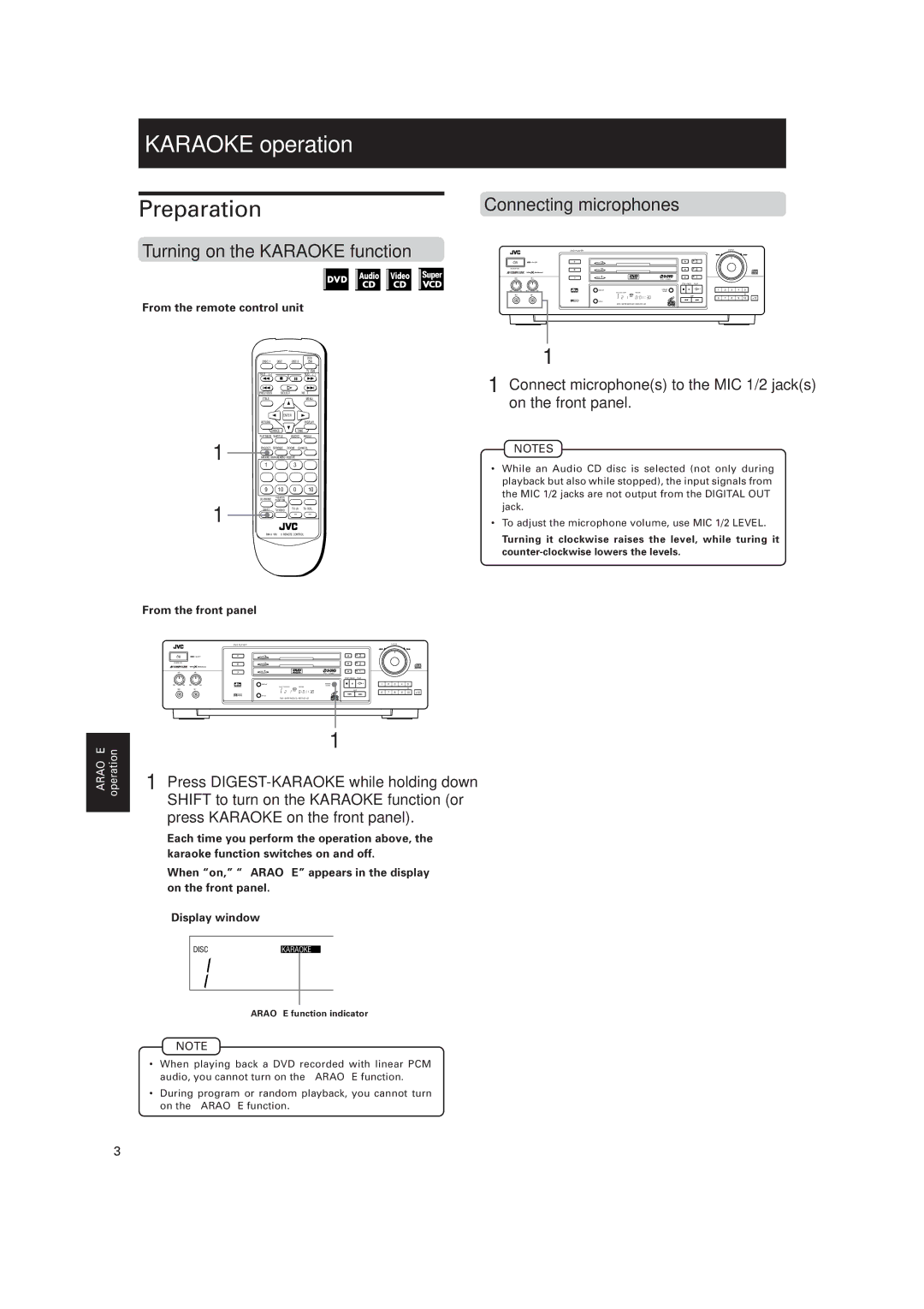 JVC XV-M557GD, XV-M556TN manual Karaoke operation, Preparation, Connecting microphones Turning on the Karaoke function 