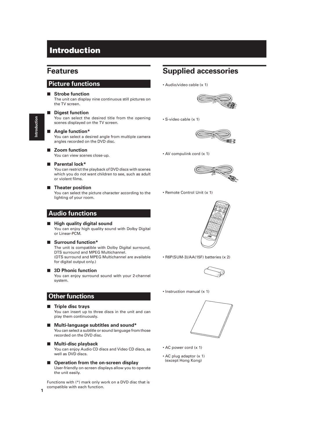 JVC XV-M557GD, XV-M556TN manual Introduction, Features, Supplied accessories 