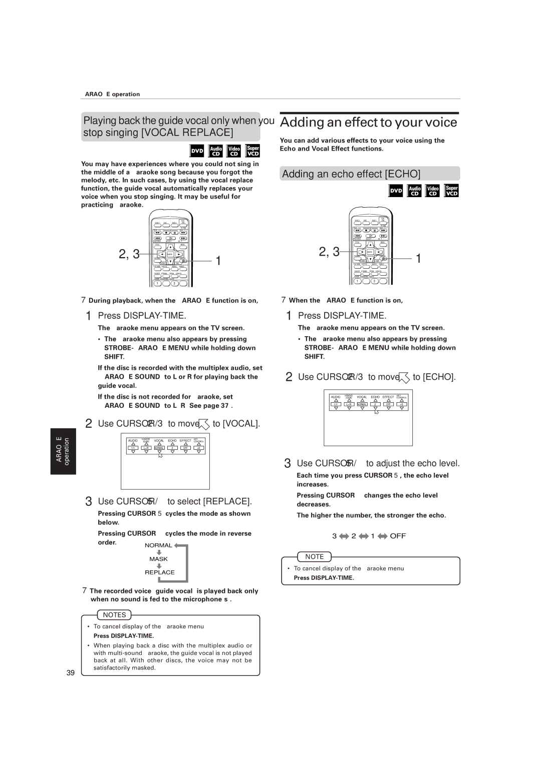 JVC XV-M557GD, XV-M556TN Adding an effect to your voice, Adding an echo effect Echo, Use Cursor 5/to select Replace, 1 OFF 