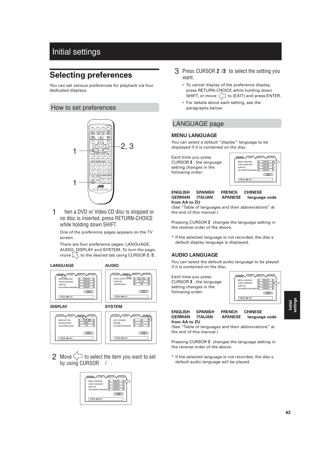 JVC XV-M556TN, XV-M557GD manual Initial settings, Selecting preferences, How to set preferences, Language 