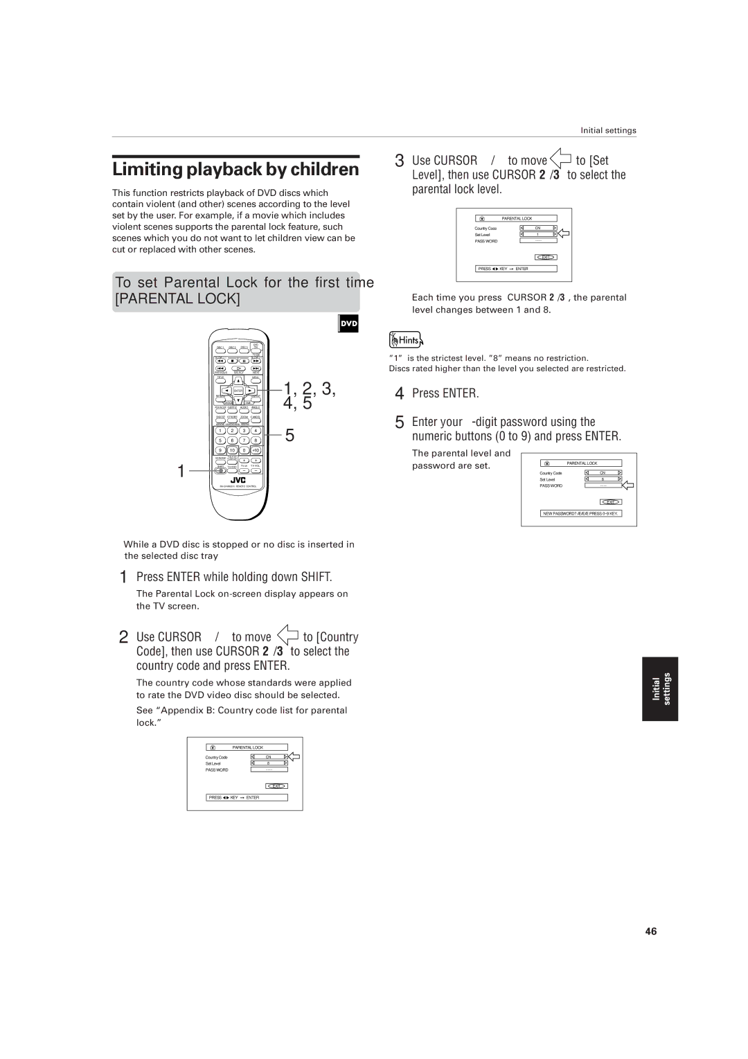 JVC XV-M556TN Limiting playback by children, To set Parental Lock for the first time, Press Enter while holding down Shift 