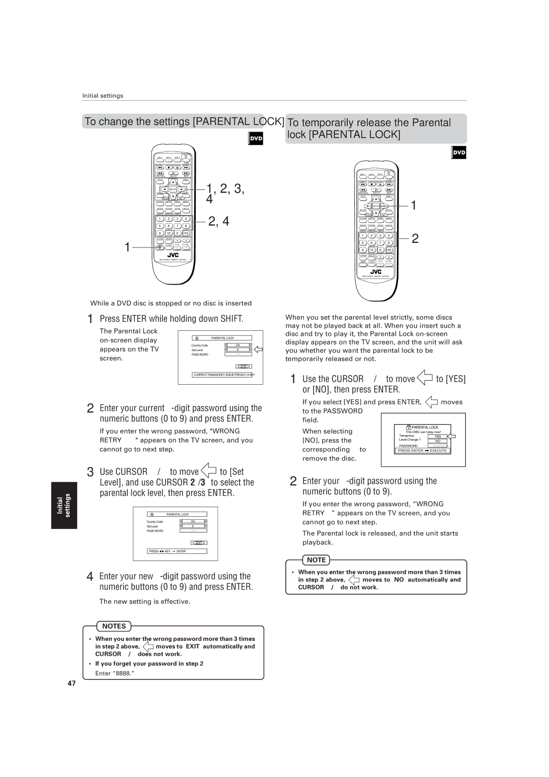 JVC XV-M557GD, XV-M556TN manual Use the Cursor 5/to move, Enter your 4-digit password using the numeric buttons 0 to 