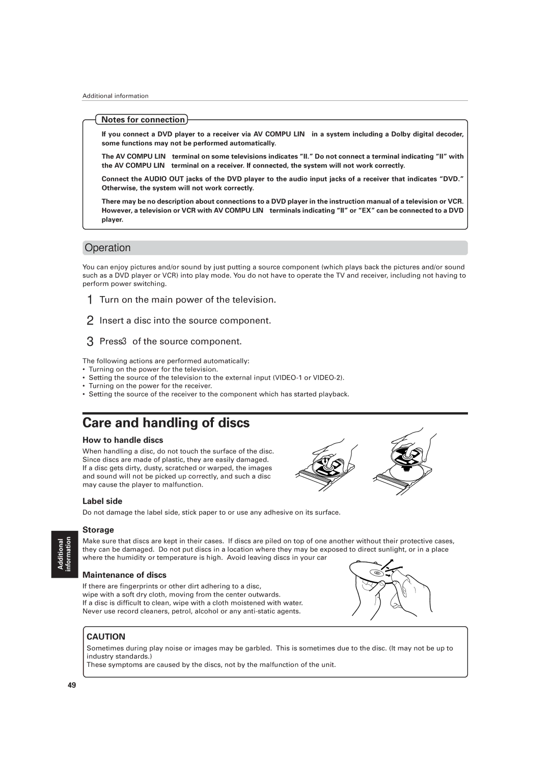 JVC XV-M557GD, XV-M556TN manual Care and handling of discs, Operation 