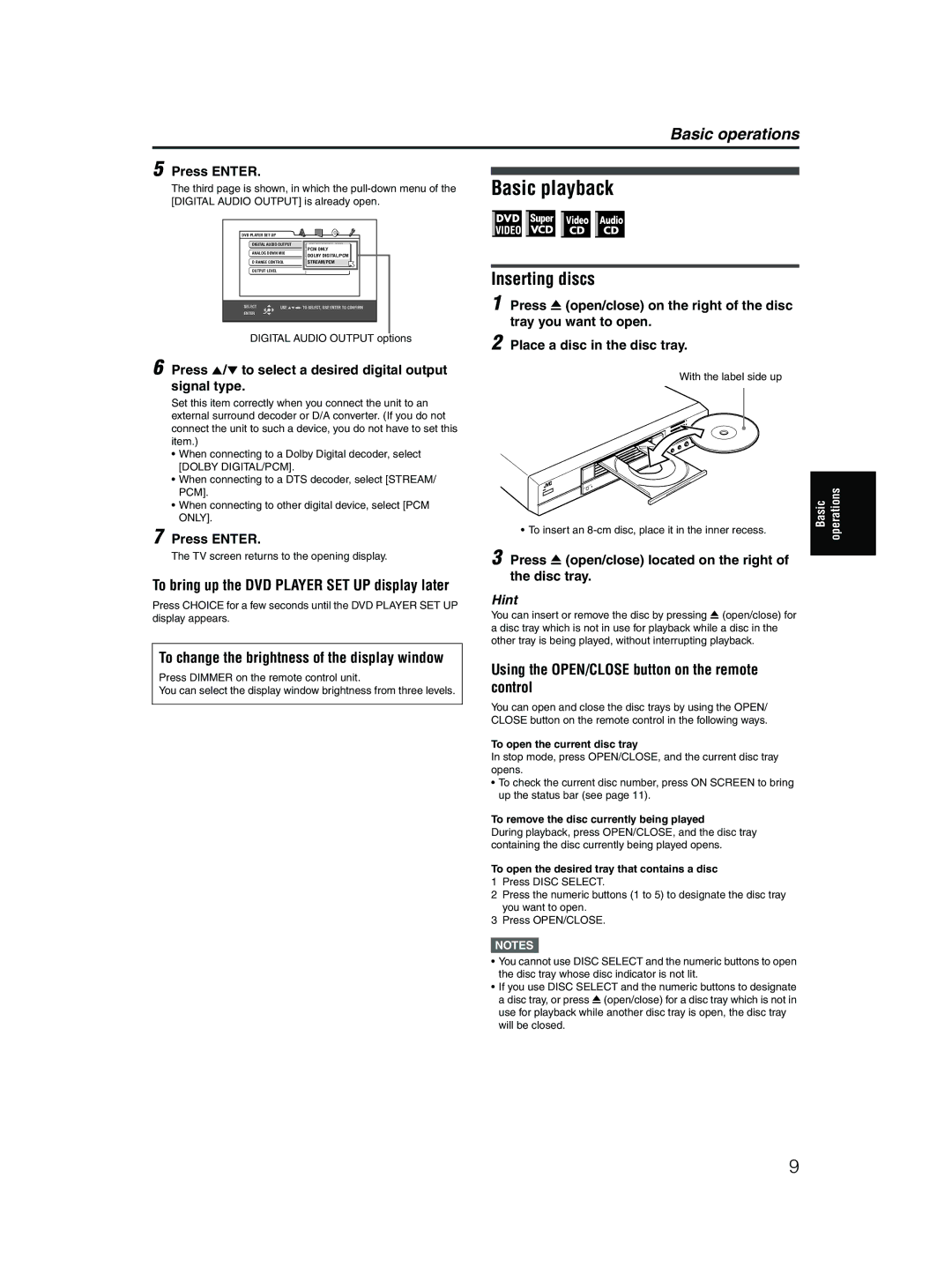 JVC XV-M5GSL manual Basic playback, Inserting discs, Using the OPEN/CLOSE button on the remote control 