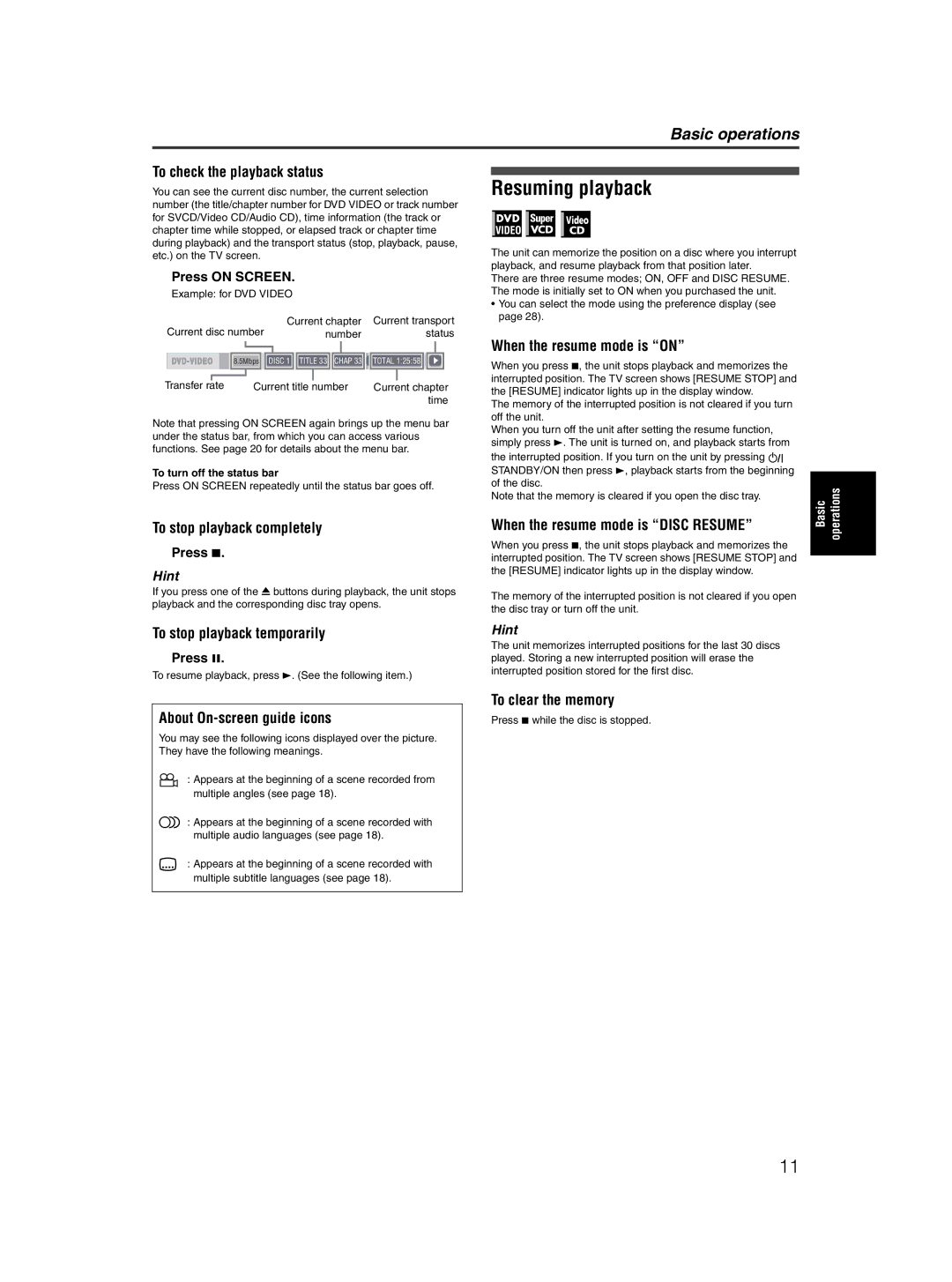 JVC XV-M5GSL manual Resuming playback 