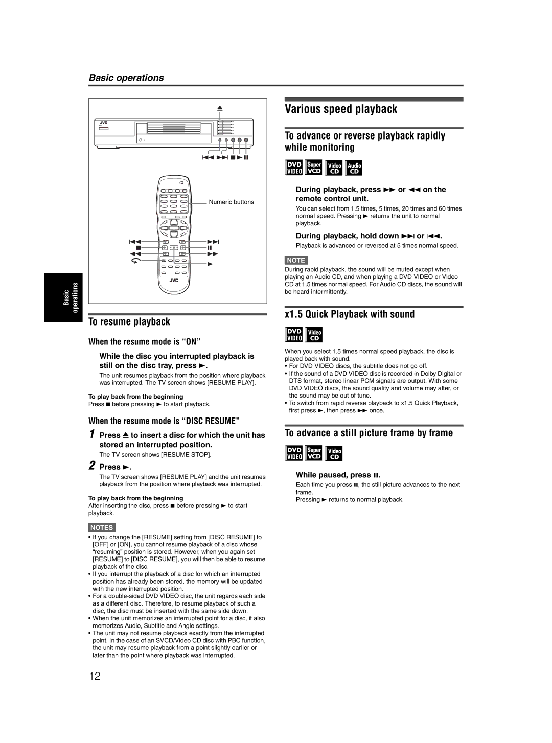 JVC XV-M5GSL manual Various speed playback, To resume playback, To advance or reverse playback rapidly while monitoring 