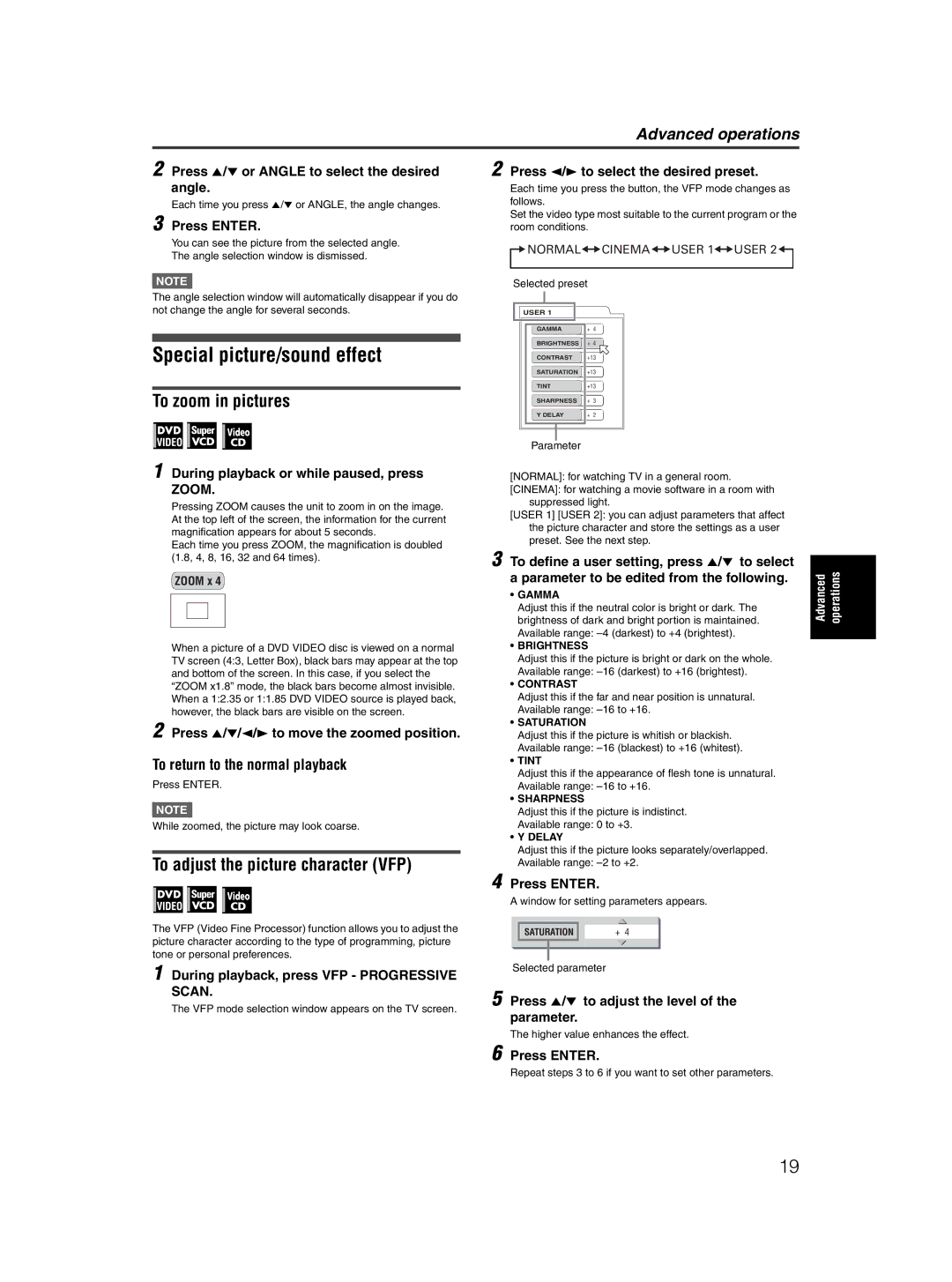 JVC XV-M5GSL manual Special picture/sound effect, To zoom in pictures, To adjust the picture character VFP 