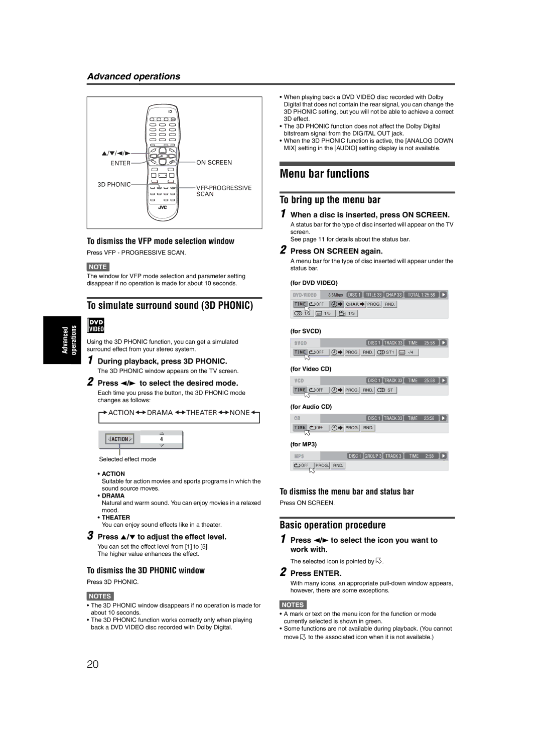 JVC XV-M5GSL Menu bar functions, To simulate surround sound 3D Phonic, To bring up the menu bar, Basic operation procedure 