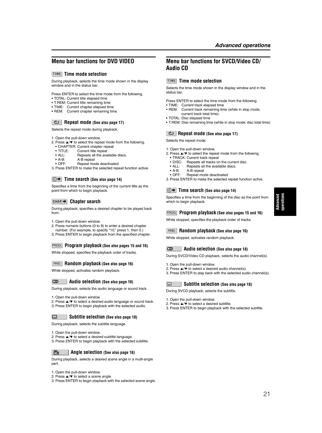 JVC XV-M5GSL manual Menu bar functions for DVD Video, Menu bar functions for SVCD/Video CD/ Audio CD, Time mode selection 