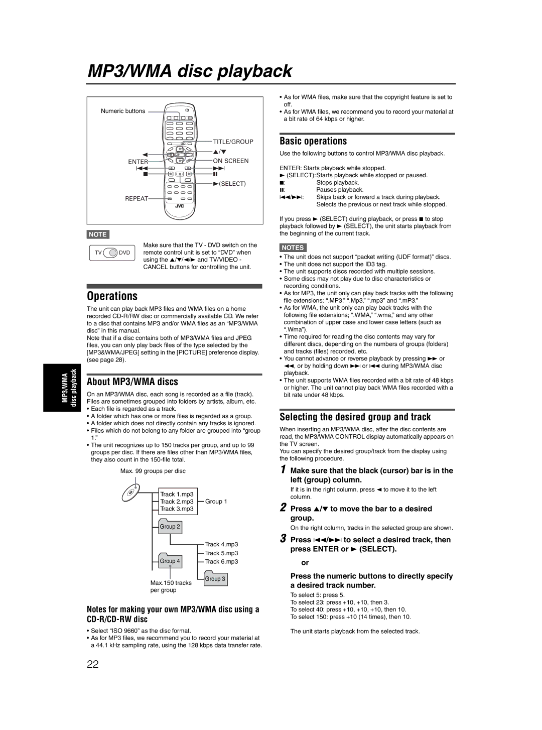 JVC XV-M5GSL manual MP3/WMA disc playback, Operations, About MP3/WMA discs, Basic operations 