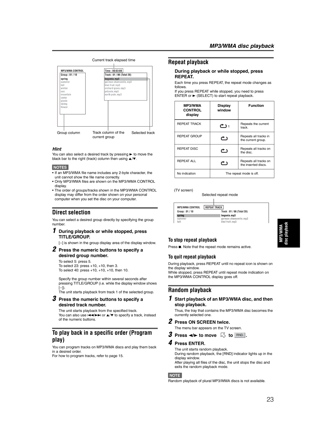 JVC XV-M5GSL manual Repeat playback, Direct selection, Random playback 