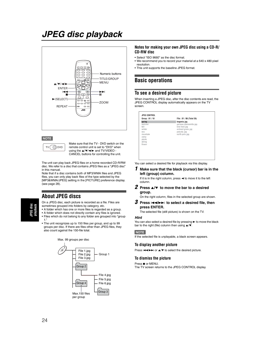 JVC XV-M5GSL manual Jpeg disc playback, About Jpeg discs, Basic operations, To see a desired picture 