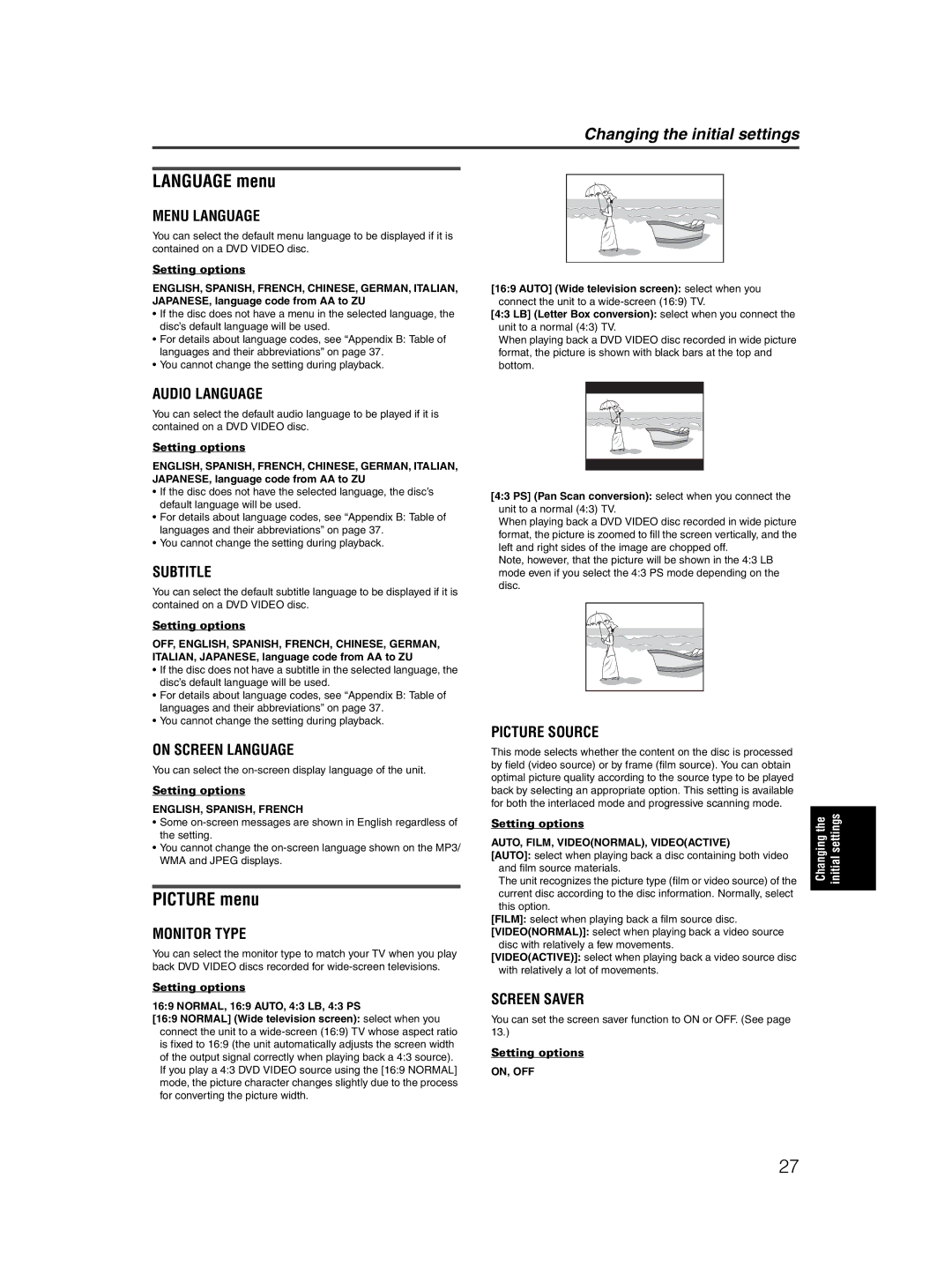 JVC XV-M5GSL manual Language menu, Picture menu, ENGLISH, SPANISH, French, AUTO, FILM, VIDEONORMAL, Videoactive, On, Off 