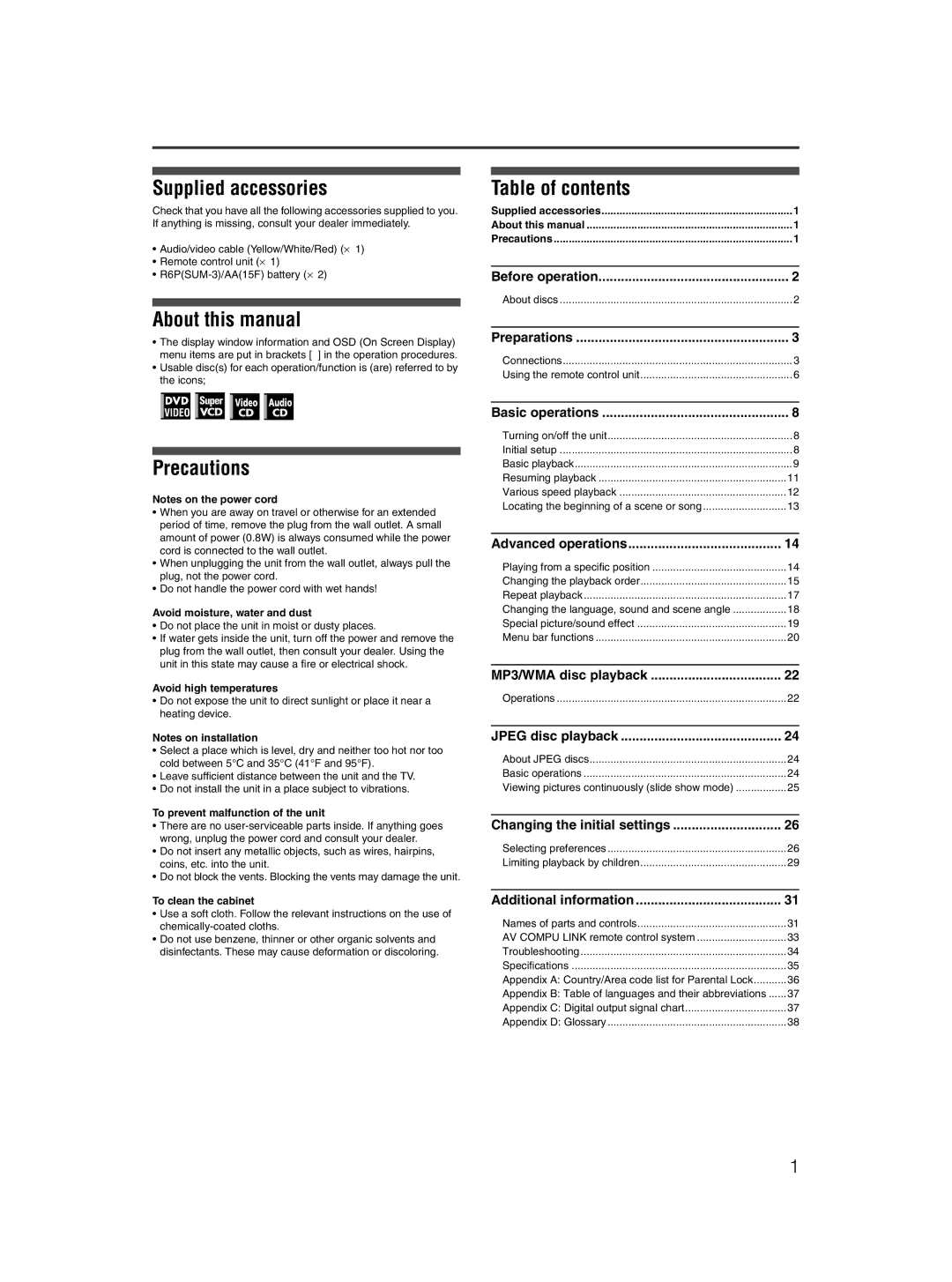 JVC XV-M5GSL Supplied accessories, About this manual, Table of contents, Precautions 