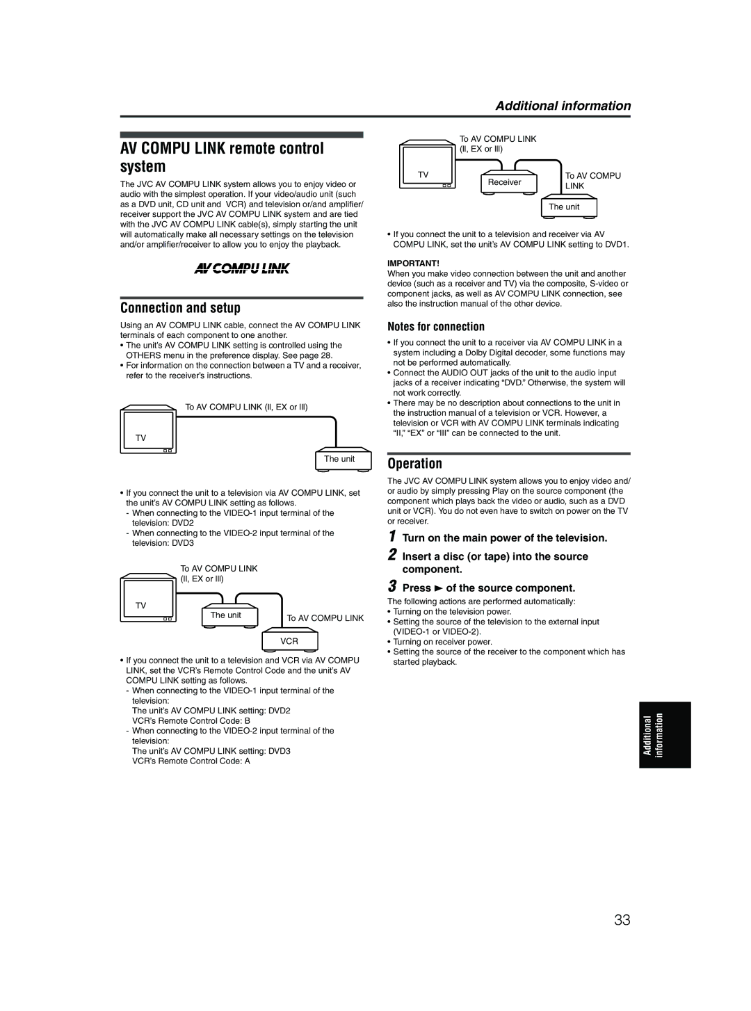 JVC XV-M5GSL manual AV Compu Link remote control system, Connection and setup, Operation, Vcr 