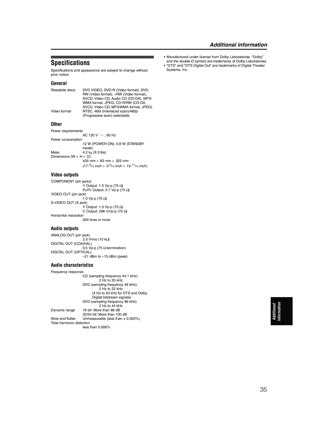 JVC XV-M5GSL manual Specifications 