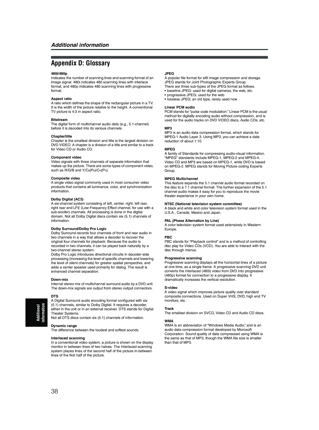 JVC XV-M5GSL manual Appendix D Glossary 