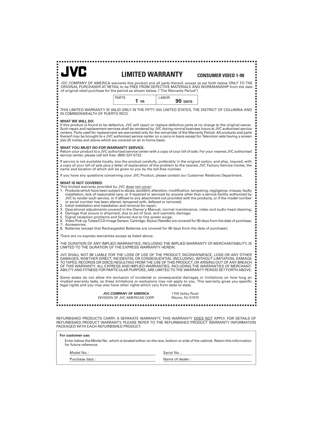 JVC XV-M5GSL manual Limited Warranty 