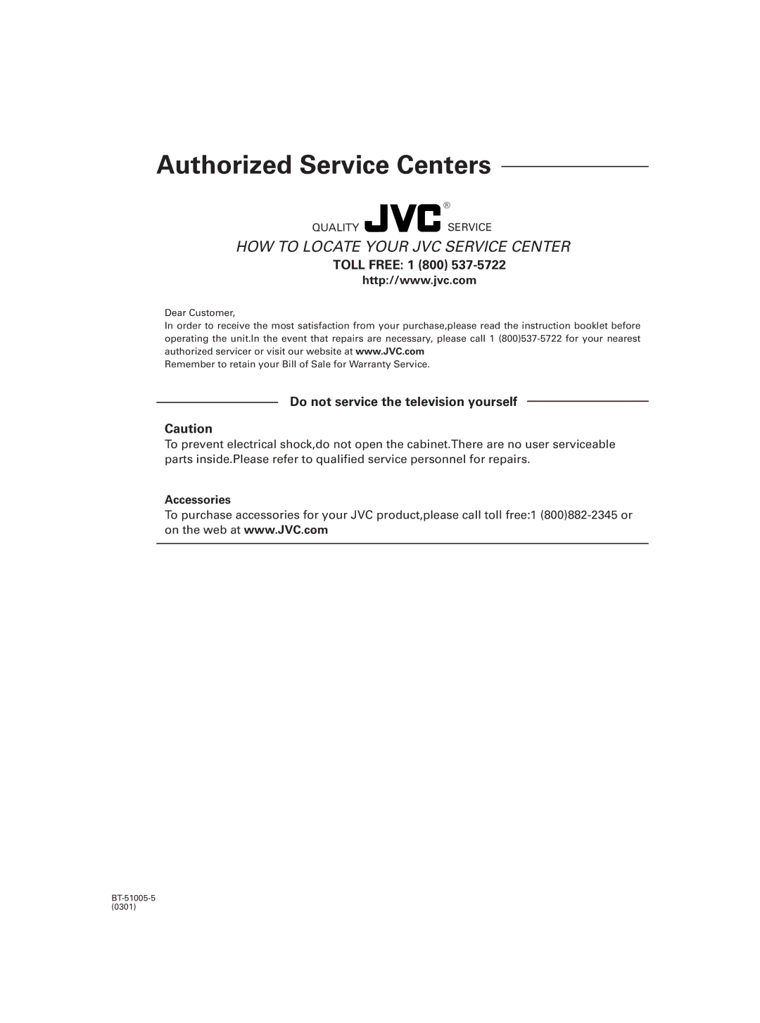 JVC XV-M5GSL manual Authorized Service Centers 