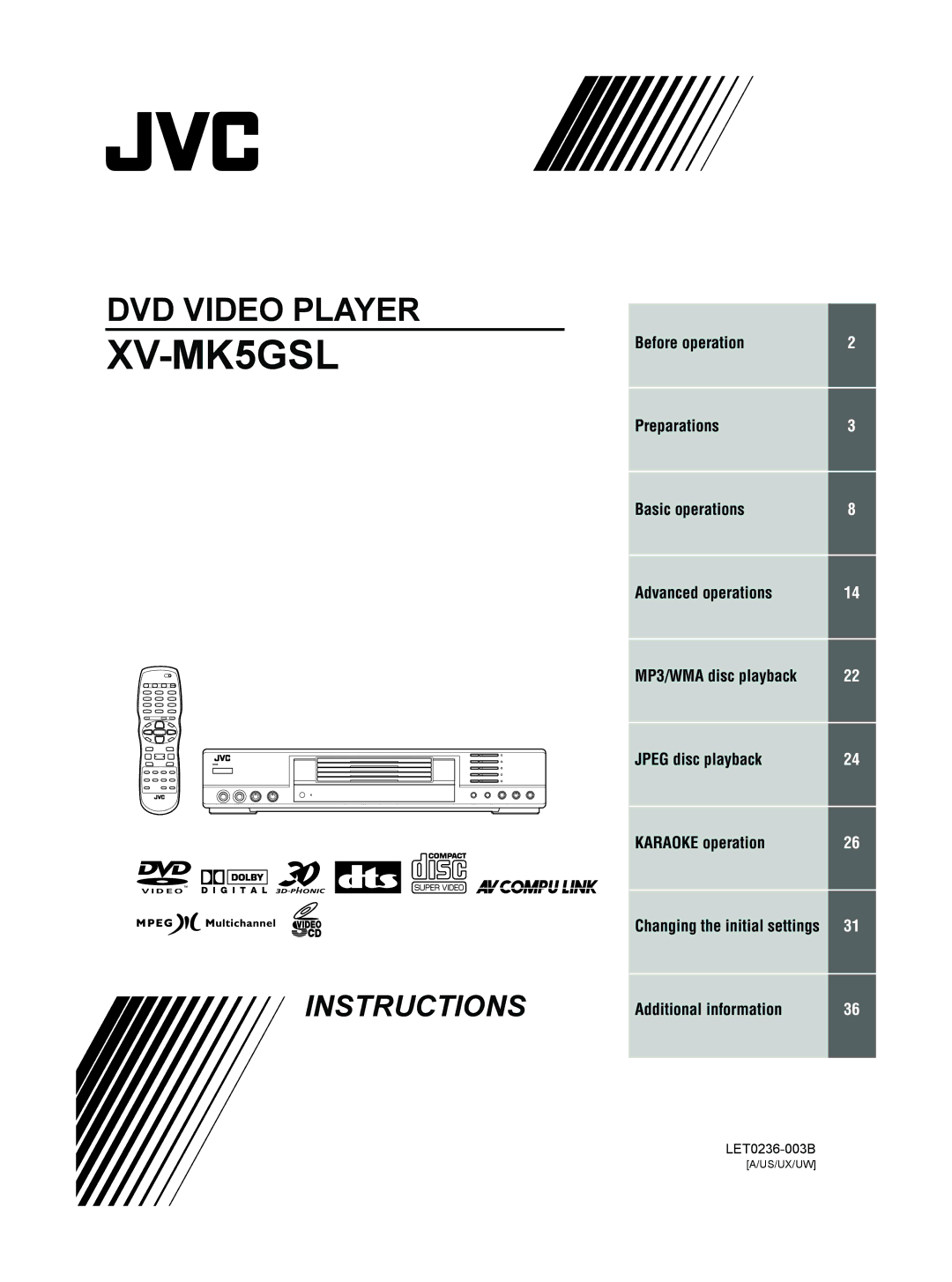 JVC XV-MK5GSL manual Changing the initial settings, Us/Ux/Uw 