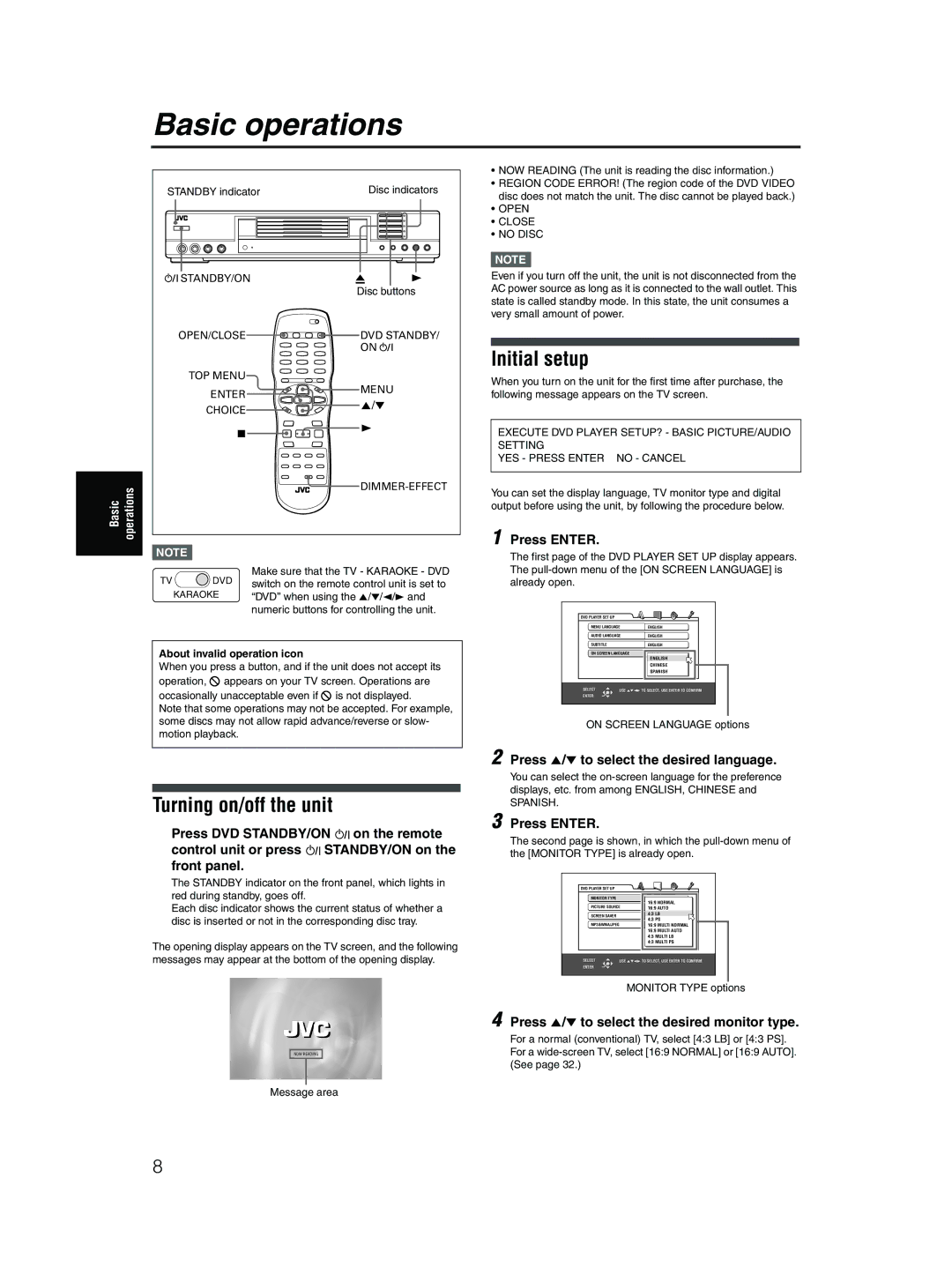 JVC XV-MK5GSL manual Basic operations, Initial setup, Turning on/off the unit 