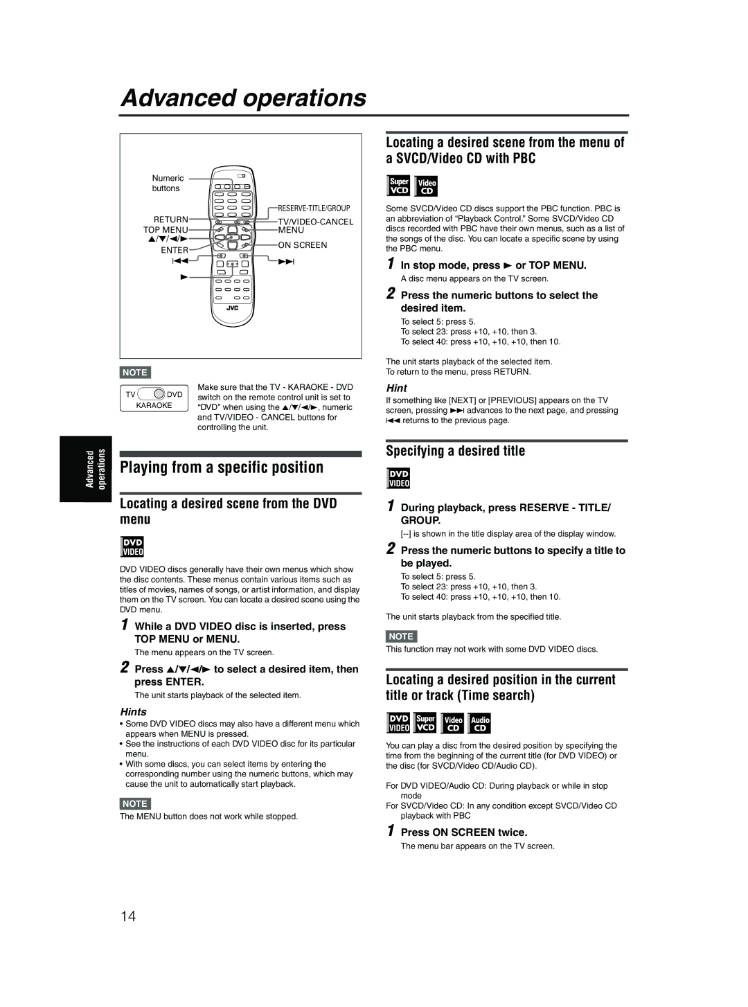 JVC XV-MK5GSL manual Advanced operations, Playing from a specific position, Locating a desired scene from the DVD menu 