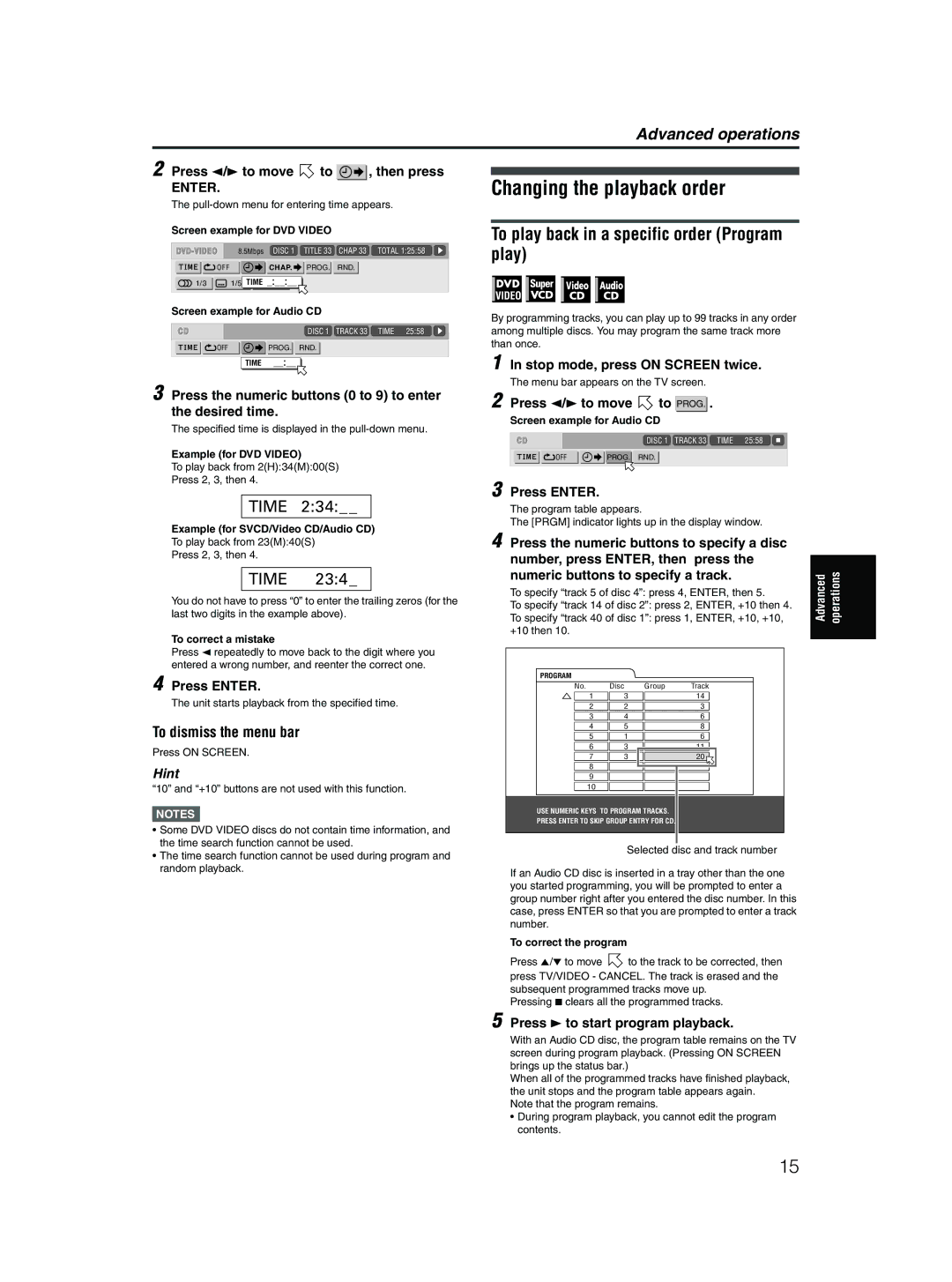 JVC XV-MK5GSL Changing the playback order, To play back in a specific order Program play, To dismiss the menu bar, Enter 