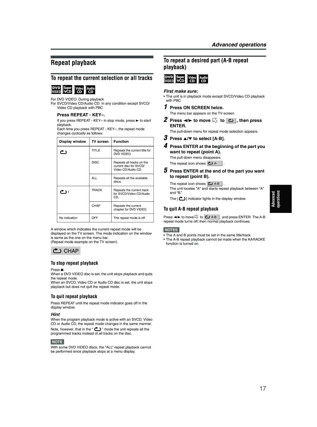 JVC XV-MK5GSL manual Repeat playback, To repeat a desired part A-B repeat playback, To stop repeat playback 