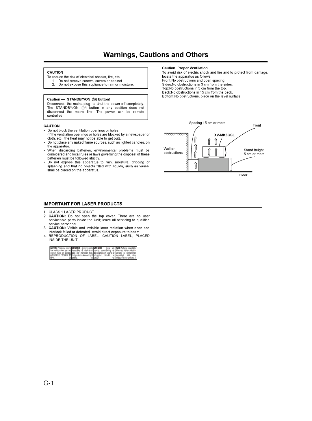 JVC XV-MK5GSL manual Important for Laser Products, Stand height 5 cm or more Floor 