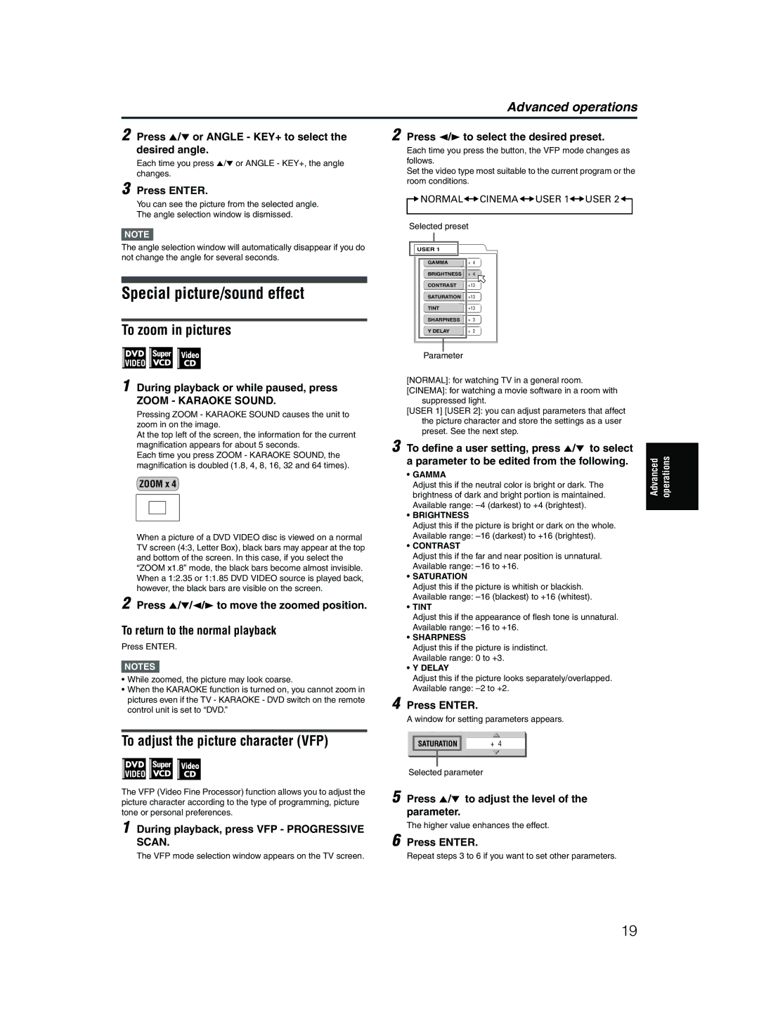 JVC XV-MK5GSL manual Special picture/sound effect, To zoom in pictures, To adjust the picture character VFP 