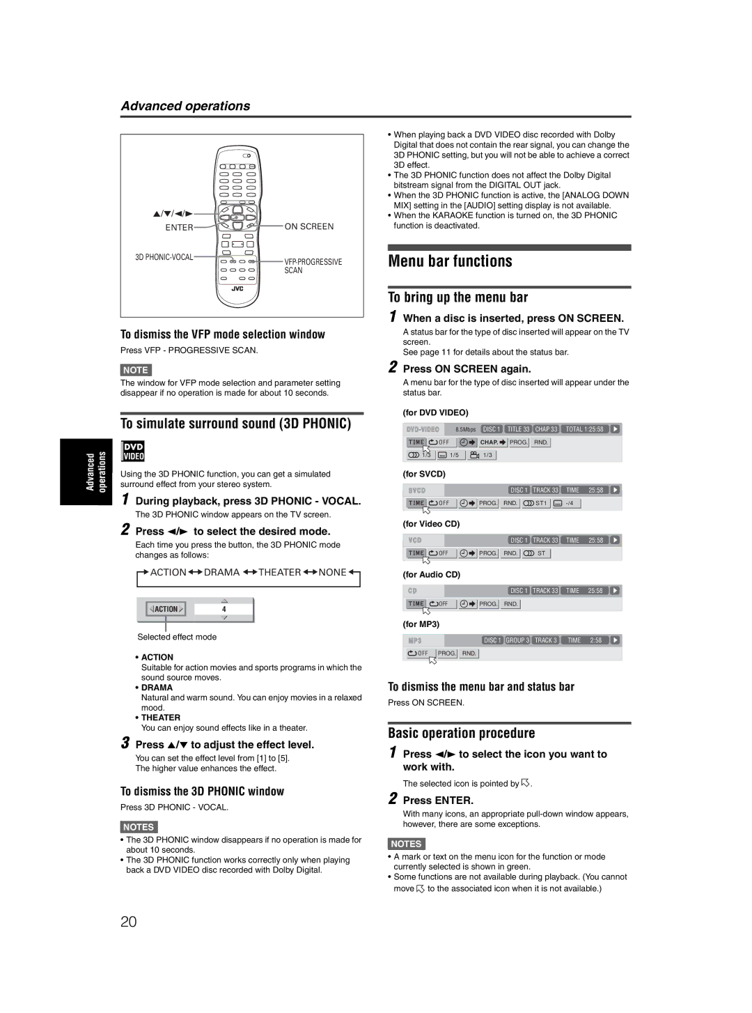 JVC XV-MK5GSL manual Menu bar functions, To bring up the menu bar, To simulate surround sound 3D Phonic 