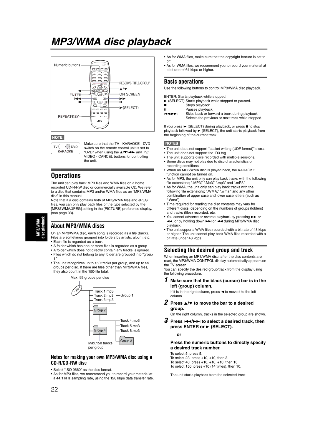 JVC XV-MK5GSL manual MP3/WMA disc playback, Operations, About MP3/WMA discs, Basic operations 