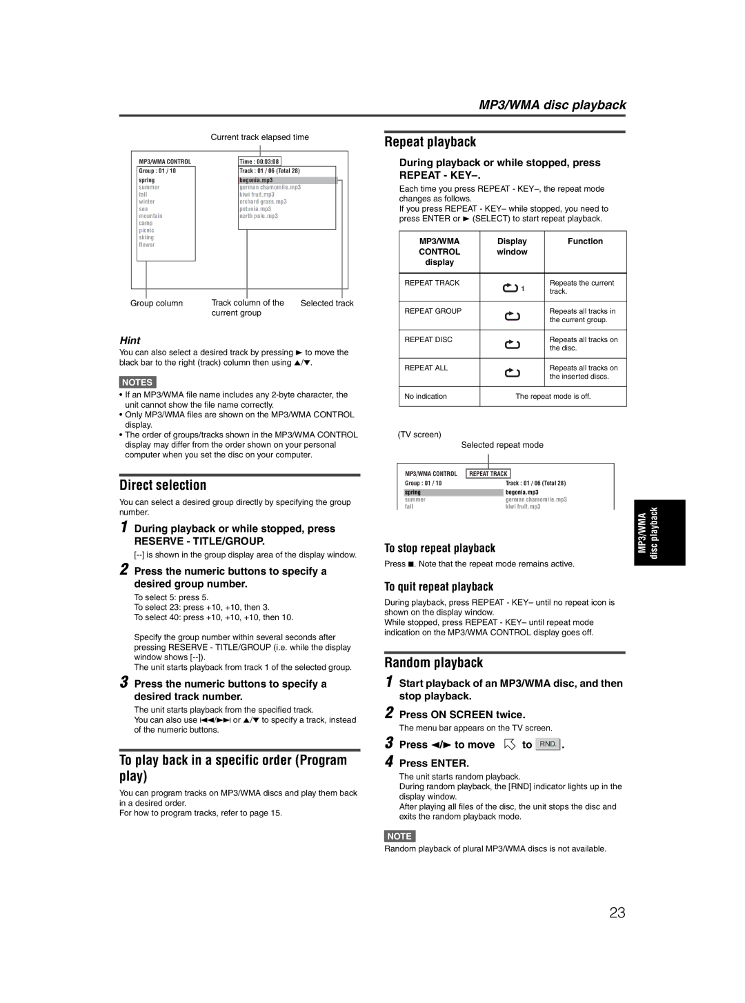 JVC XV-MK5GSL manual Repeat playback, Direct selection, Random playback, Play, To play back in a specific order Program 