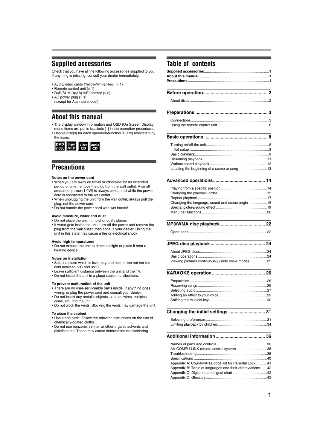 JVC XV-MK5GSL Supplied accessories, Table of contents, About this manual, Precautions 